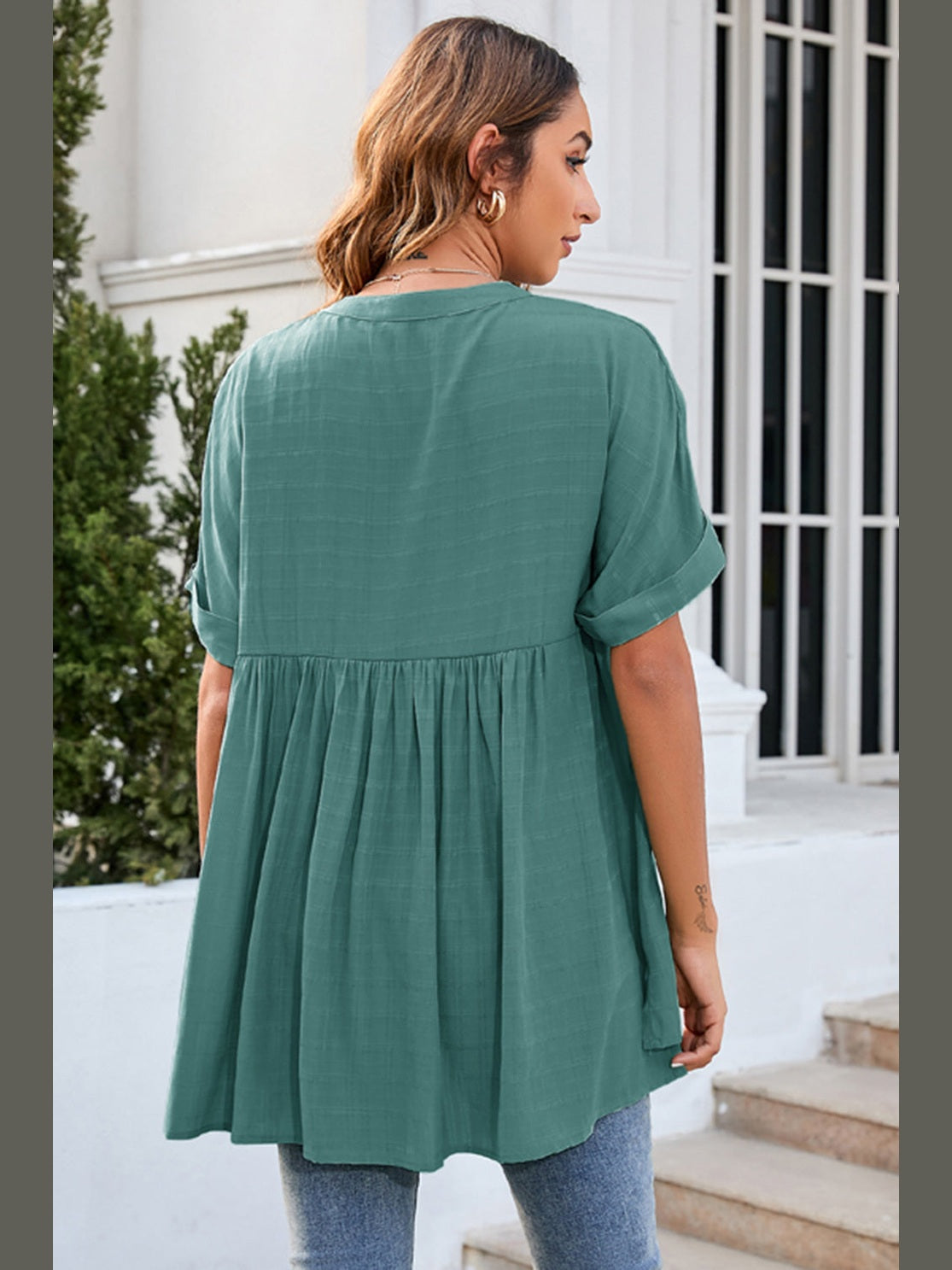 Women Ruched Notched Short Sleeve Blouse