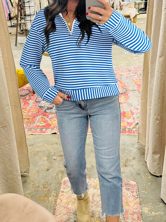 Stripe Quarter Zip Collar Long Sleeve Top Trendsi