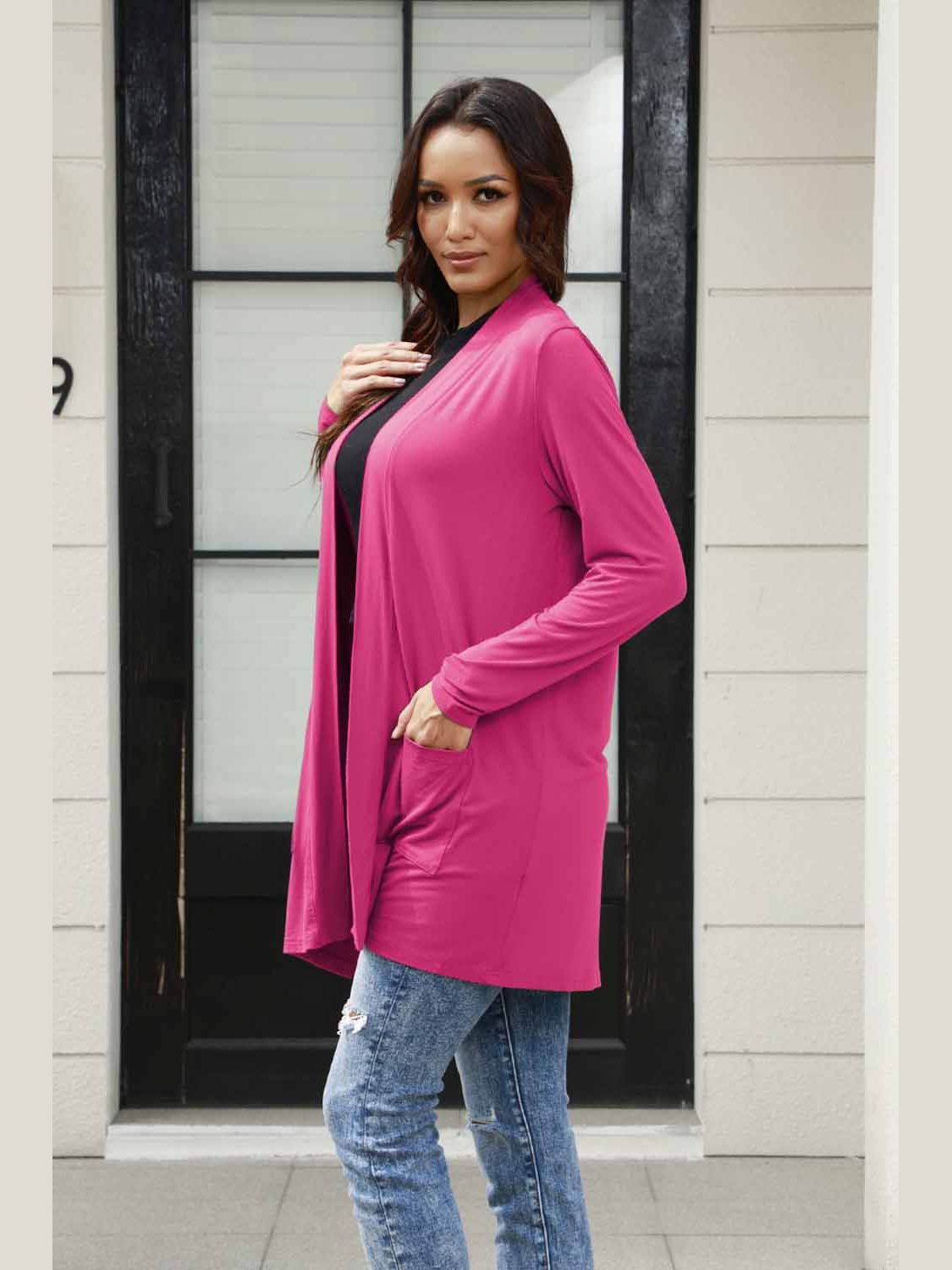 NicholesGifts Women Basic Bae Full Size Open Front Long Sleeve Cardigan with Pockets