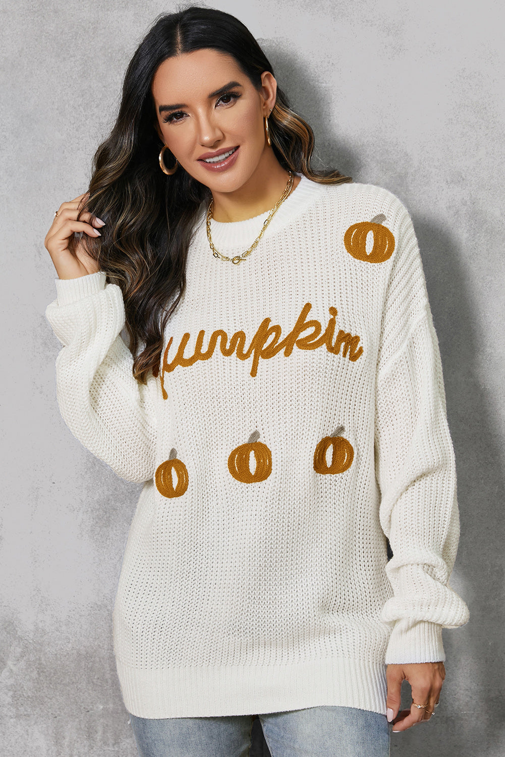 Pumpkin Embroidery Long Sleeve Sweater NicholesGifts