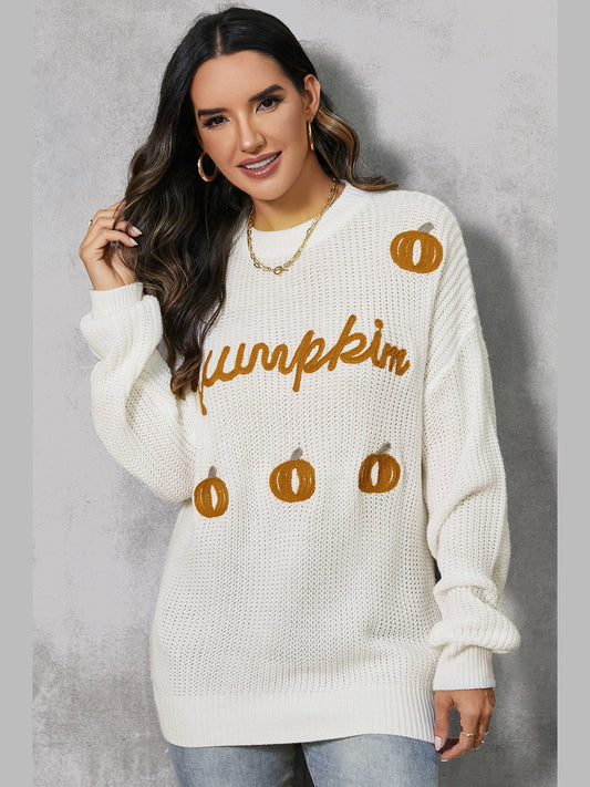 Pumpkin Embroidery Long Sleeve Sweater
