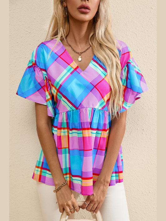 Plaid V-Neck Short Sleeve Blouse