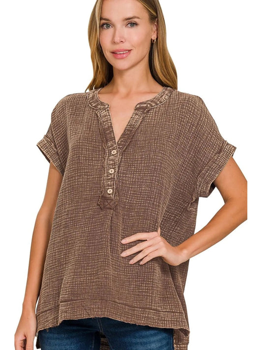 Zenana Washed Double Gauze 3/4 Button Henley Neck Shirt
