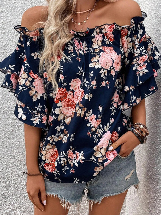 Women Navy Colored Printed Off-Shoulder Flounce Sleeve Blouse