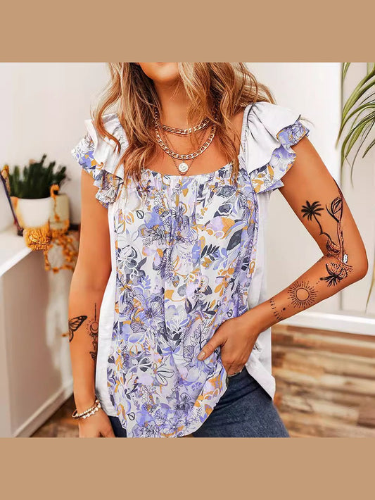 Ruffled Floral Square Neck Cap Sleeve Blouse