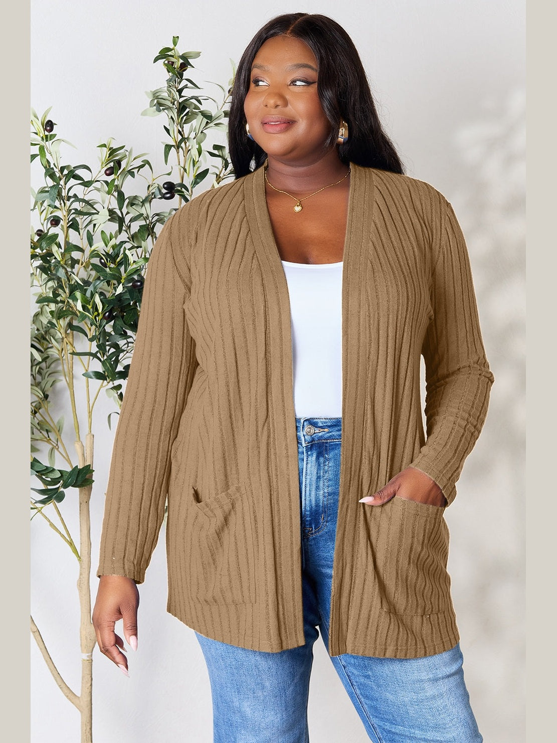 NicholesGifts Women Basic Bae Full Size Ribbed Open Front Cardigan with Pockets NicholesGifts