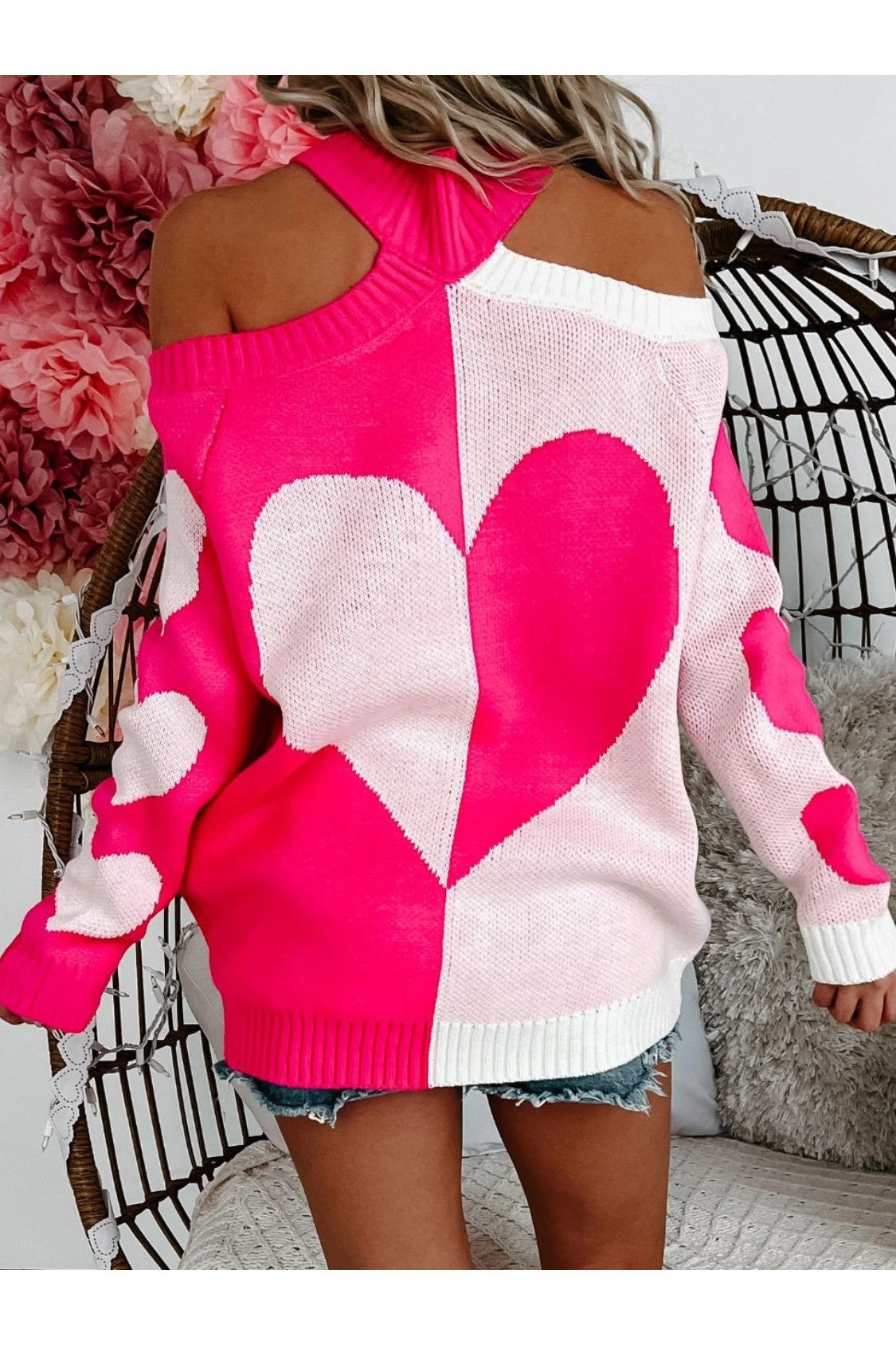 NicholesGifts Women Valentine's Day Heart Turtleneck Cold Shoulder Sweater NicholesGifts
