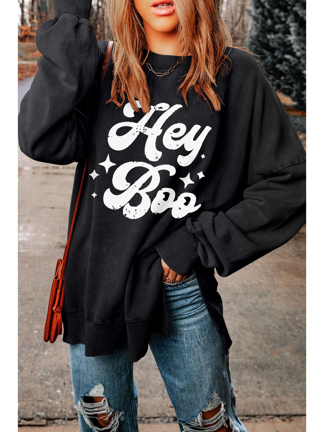 Women Hey Boo Graphic Round Neck Sweatshirt nicholesgifts