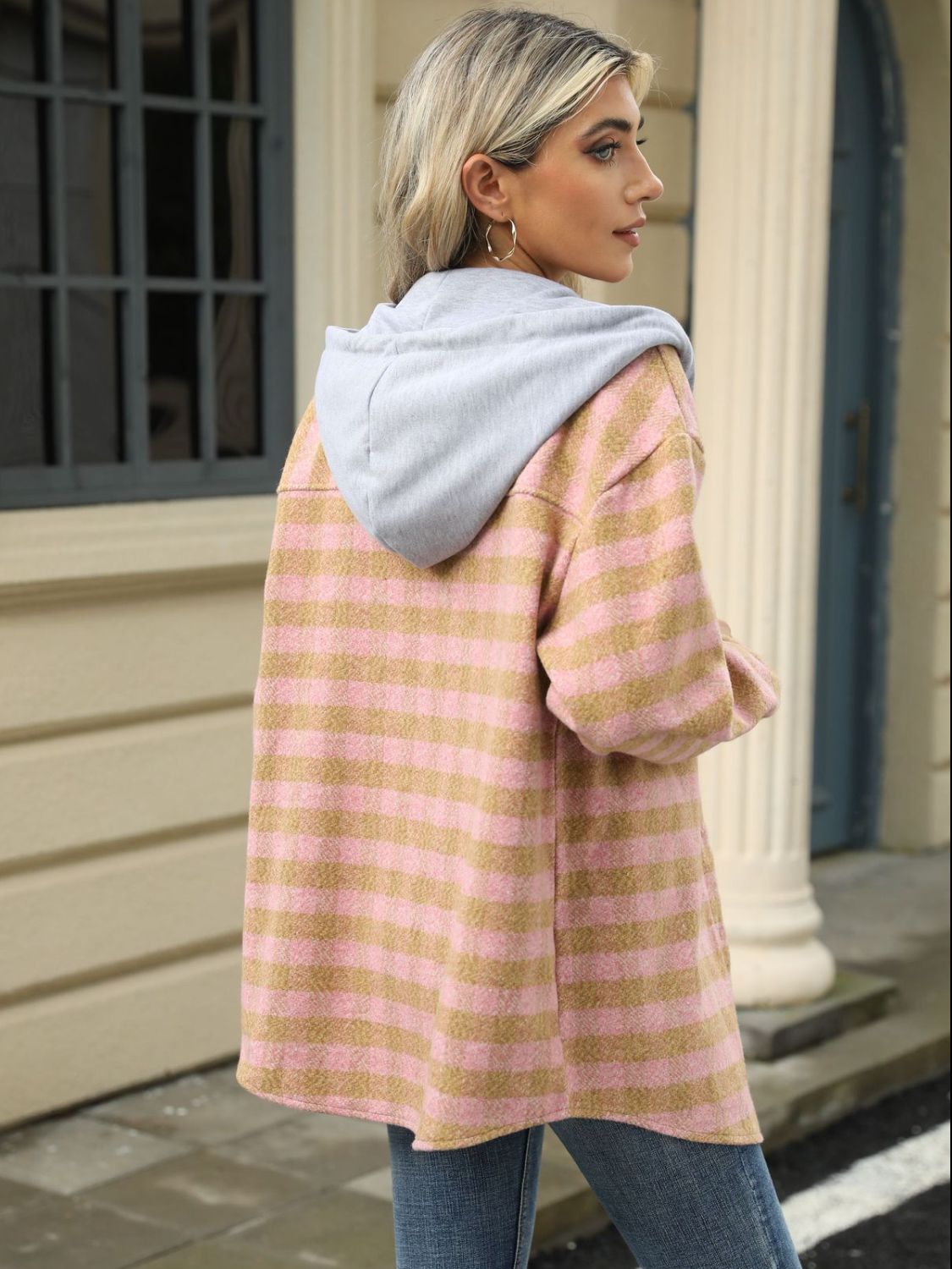 NicholesGifts Women Drawstring Plaid Long Sleeve Hooded Jacket NicholesGifts