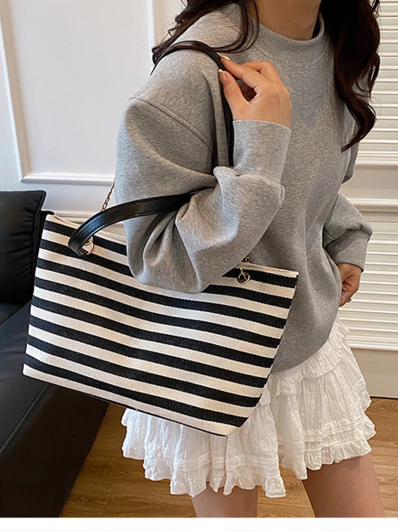 Striped Shoulder Bag with Chain Detail Trendsi
