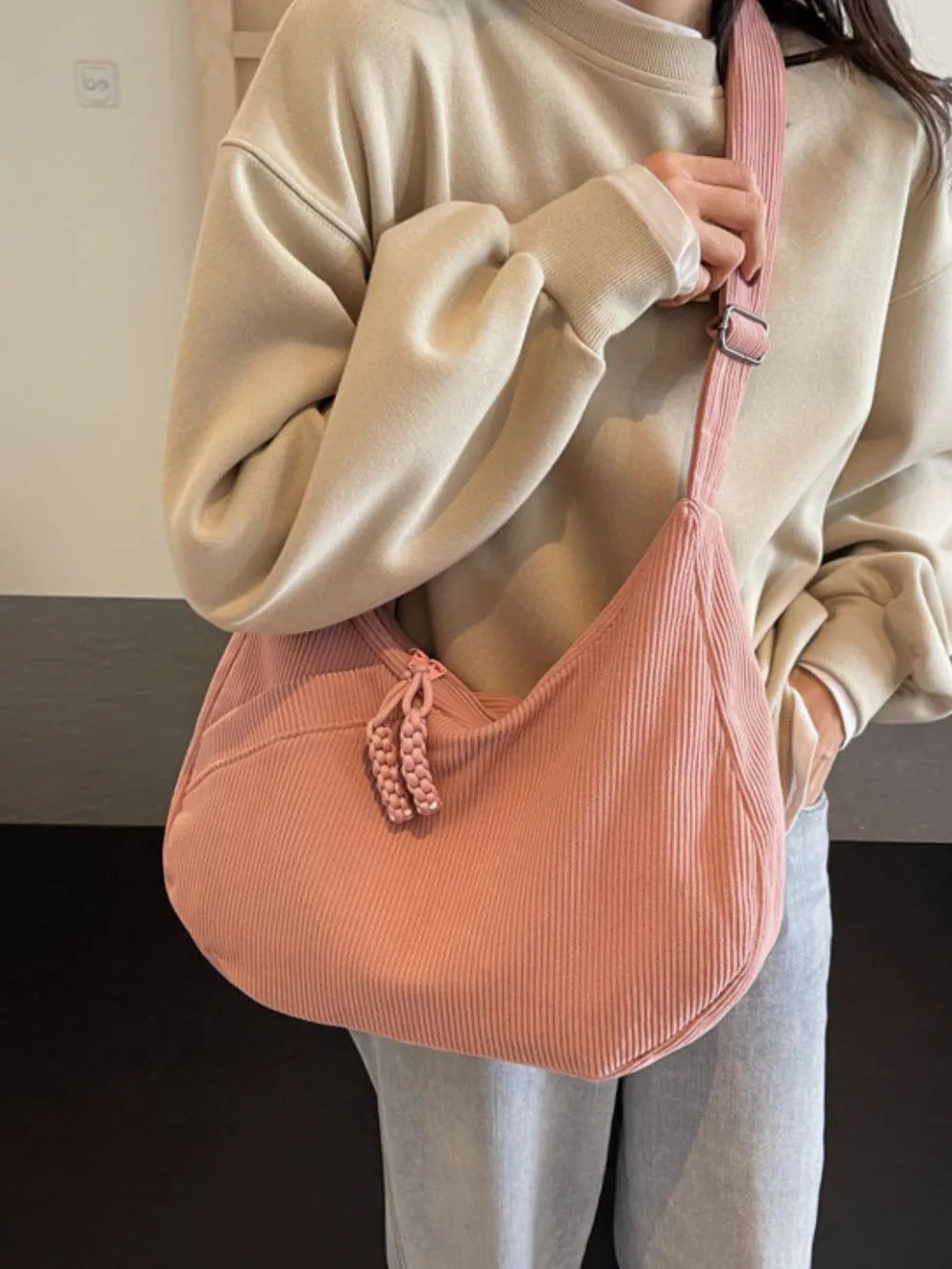 Ribbed Adjustable Strap Shoulder Bag Trendsi