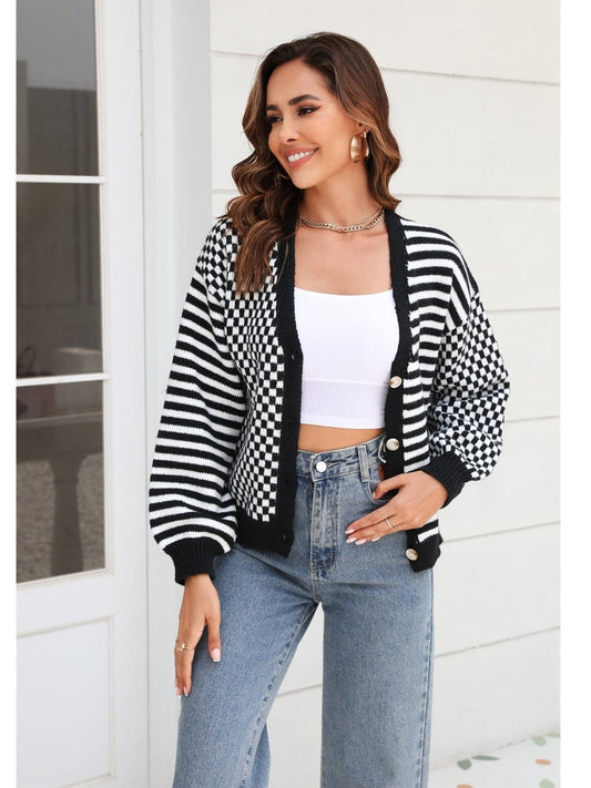 NicholesGifts Women Button-Down Stripe & Plaid Contrast Pattern Cardigan