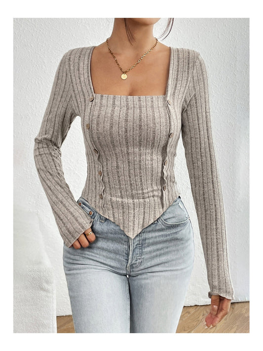 Ribbed Decorative Button Long Sleeve T-Shirt NicholesGifts