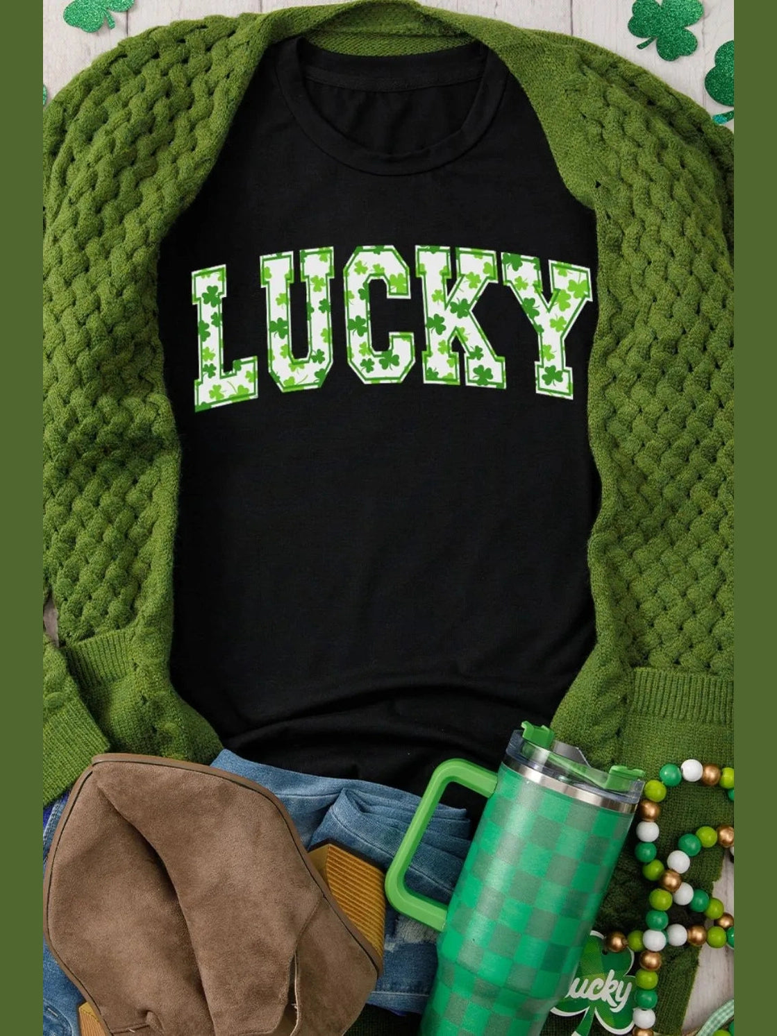LUCKY Letter Clover Short Sleeve T-Shirt nicholesgifts