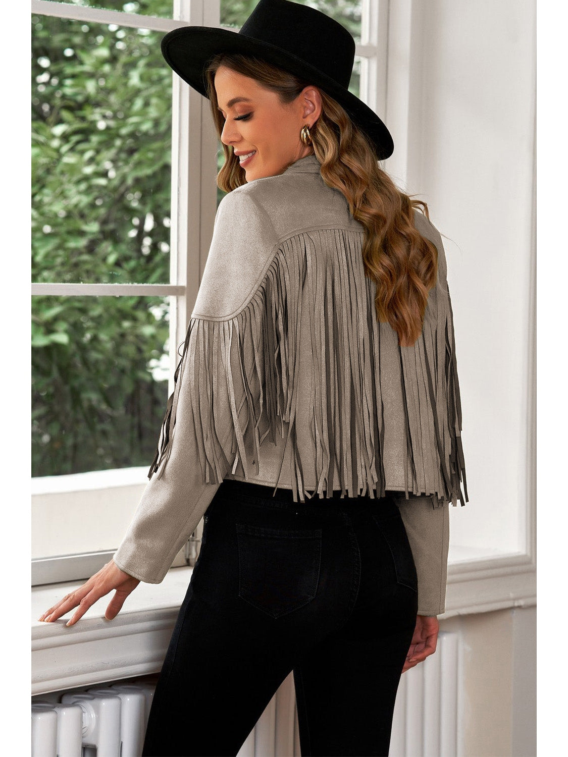 Fringe Trim Lapel Collar Cropped Blazer NicholesGifts