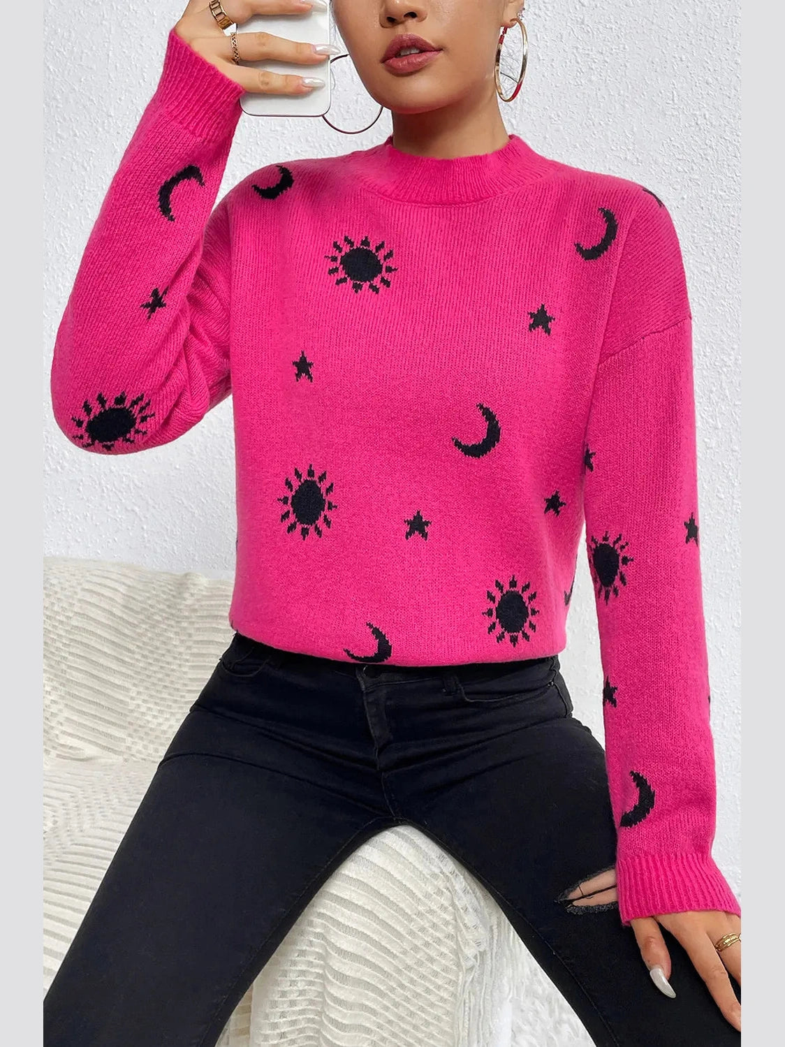Women Graphic Mock Neck Dropped Shoulder Sweater