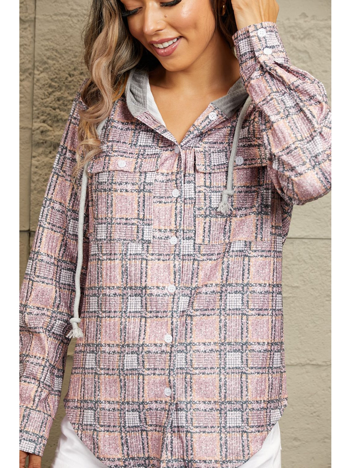 Double Take Plaid Long Sleeve Hooded Jacket NicholesGifts