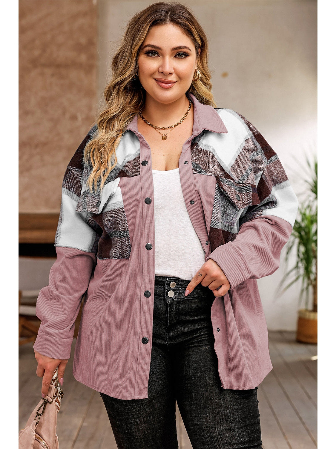 Plus Size Women Plaid Snap Down Jacket with Pockets NicholesGifts