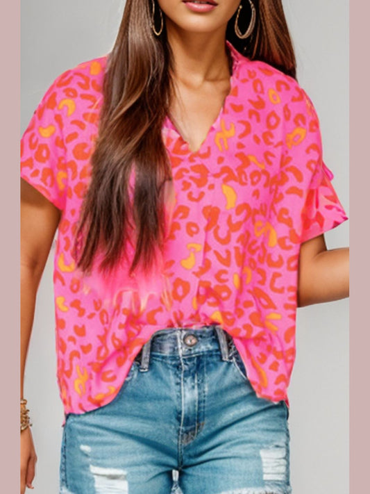 Printed V-Neck Cap Sleeve Blouse NicholesGifts