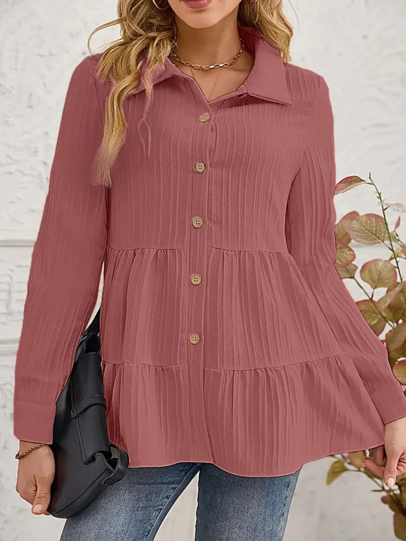 Women Striped Button-Down Tiered Shirt