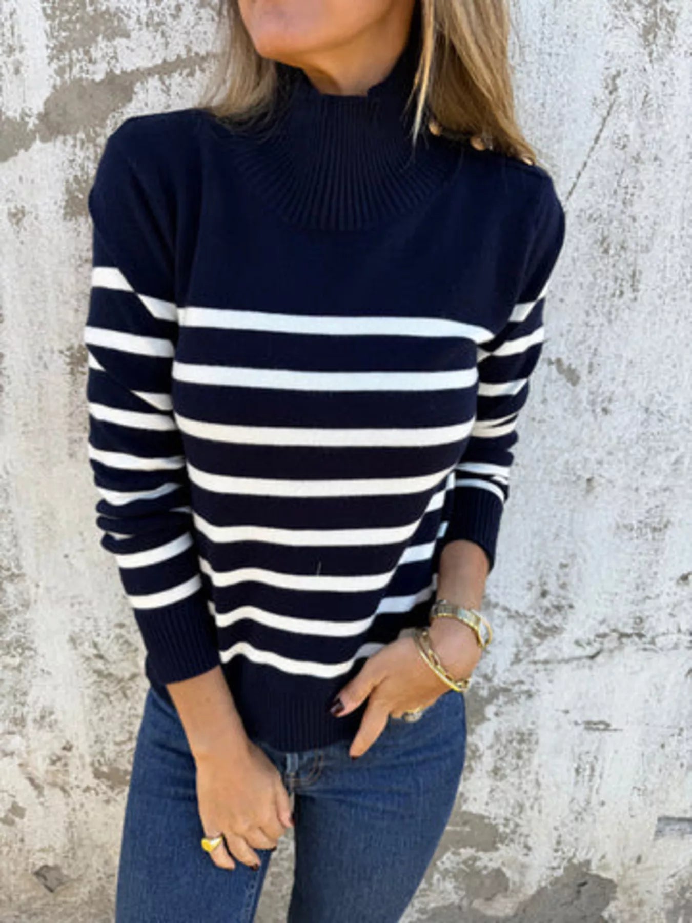 Full Size Striped Turtleneck Long Sleeve Sweater Plus Size Trendsi