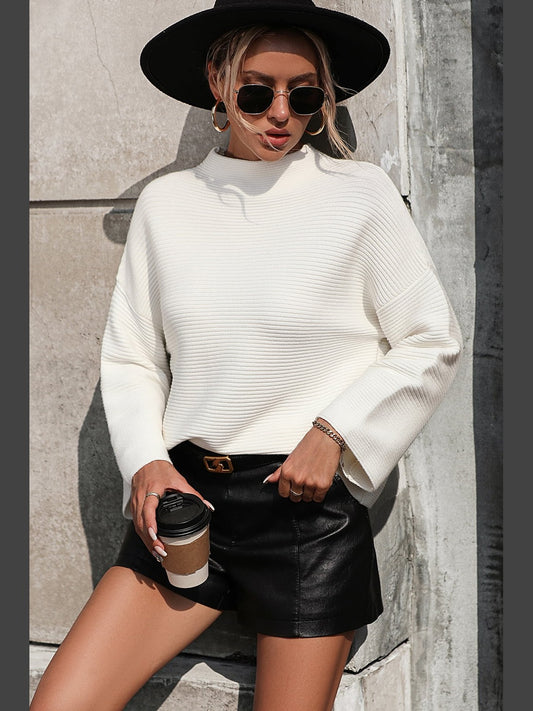 Women Mock Neck Dropped Shoulder Pullover Sweater NicholesGifts