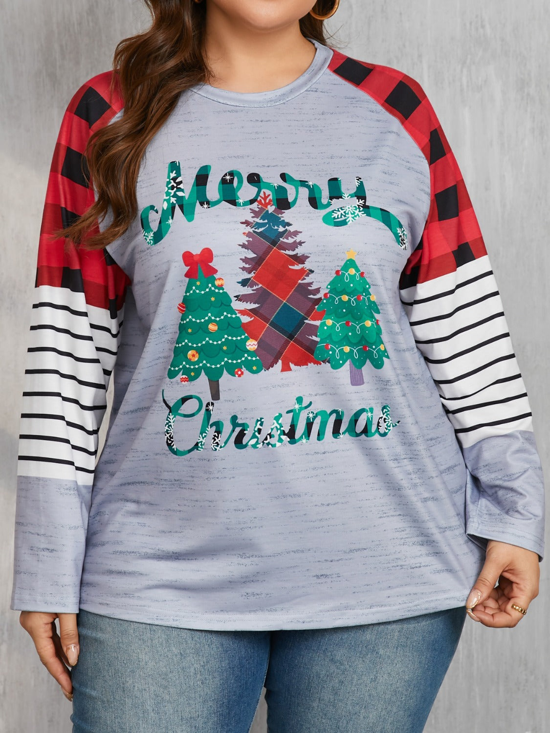 Plus Size Women Christmas Tree Plaid Round Neck Long Sleeve T-Shirt NicholesGifts