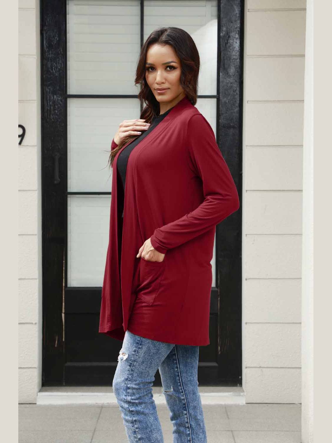 NicholesGifts Women Basic Bae Full Size Open Front Long Sleeve Cardigan with Pockets