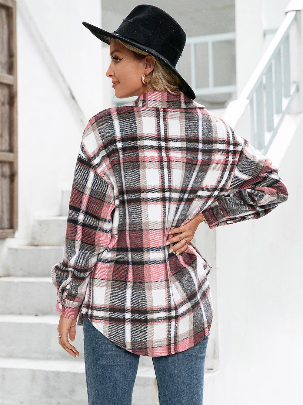 Women Ivy Lane Meet You Outside Plaid Button Down Curved Hem Shacket nicholesgifts