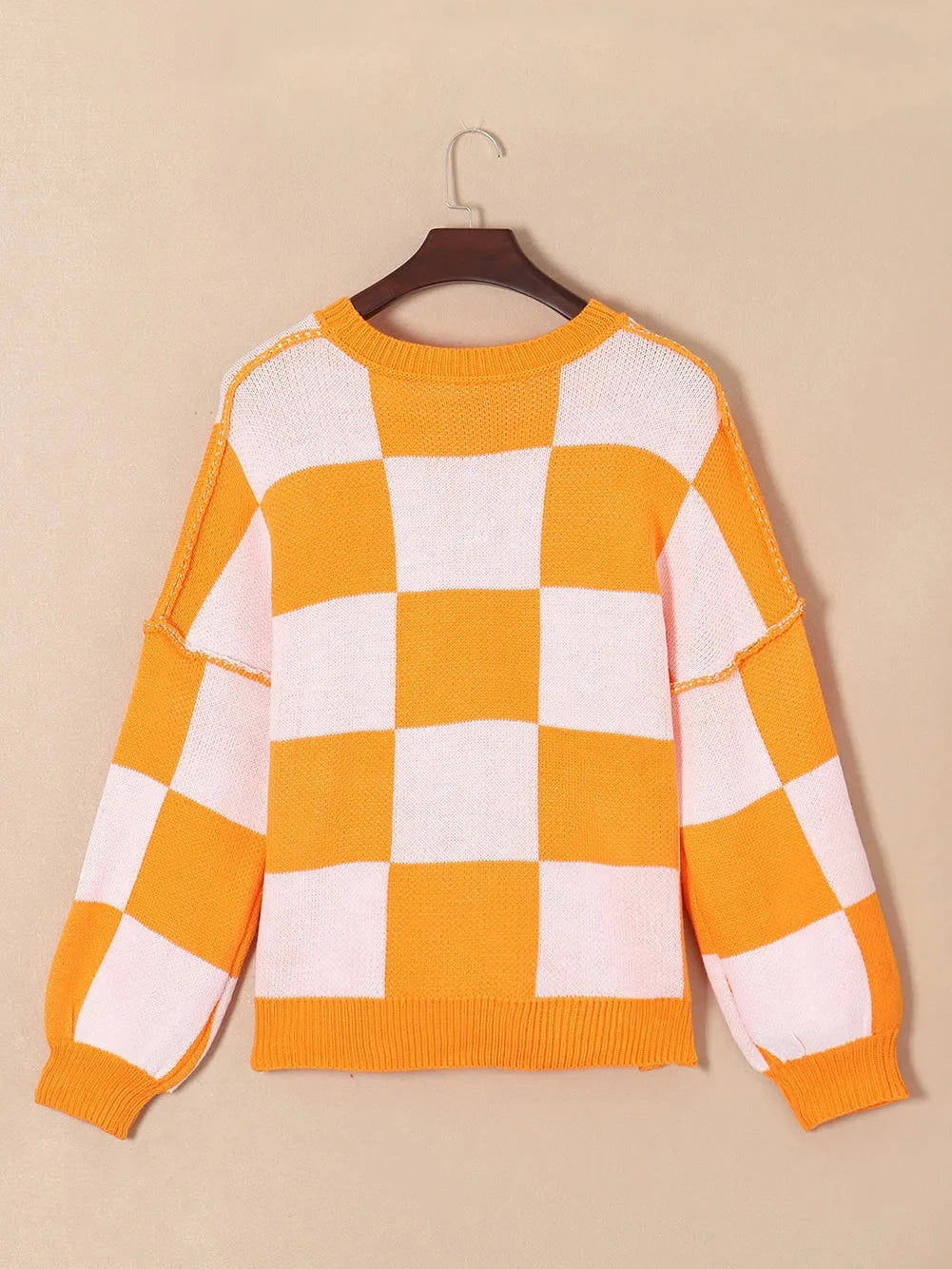 Women Pumpkin Checkered Round Neck Long Sleeve Halloween Sweater NicholesGifts