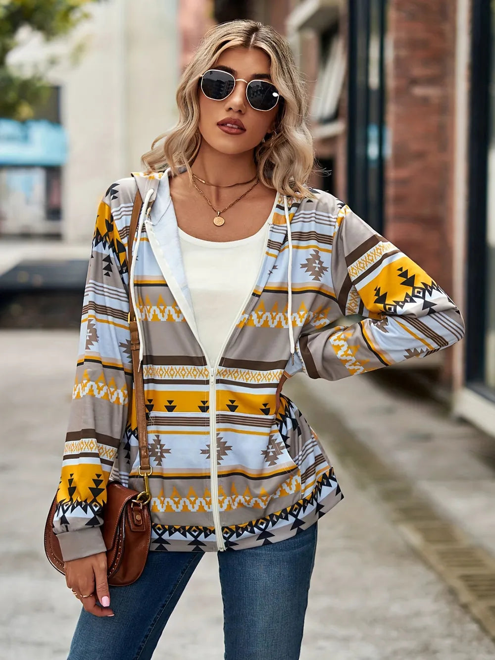 Geometric Zip Up Long Sleeve Hooded Jacket Trendsi