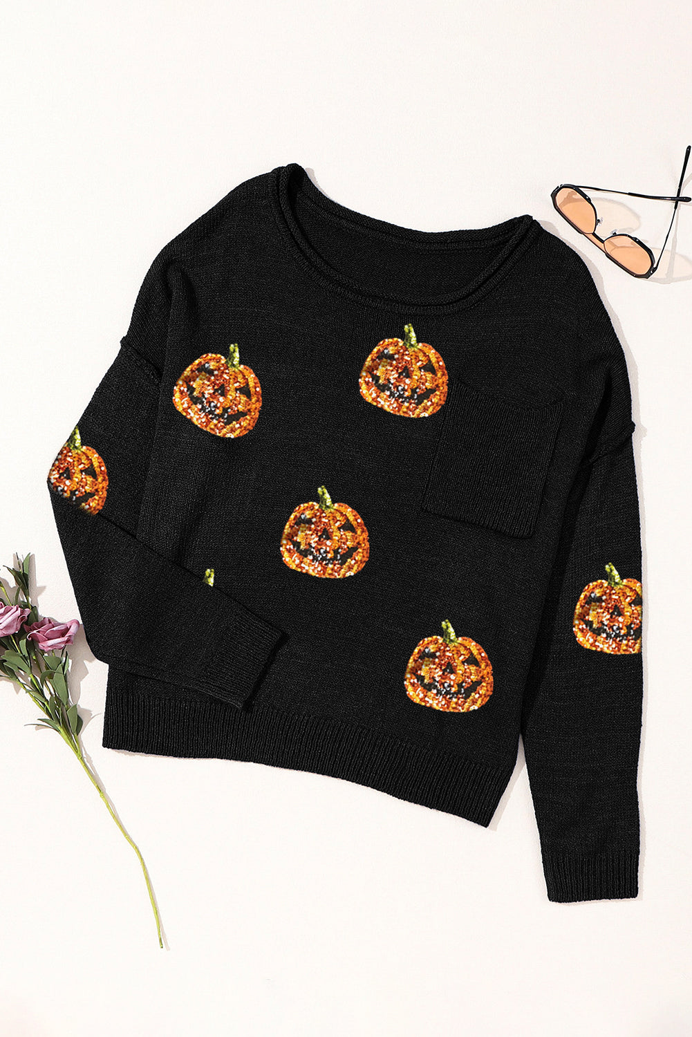 Pumpkin Round Neck Long Sleeve Knit Top NicholesGifts