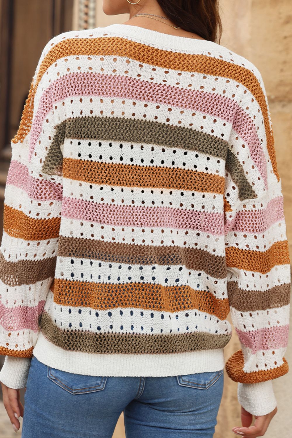 Women Striped Round Neck Hollowed Sweater NicholesGifts
