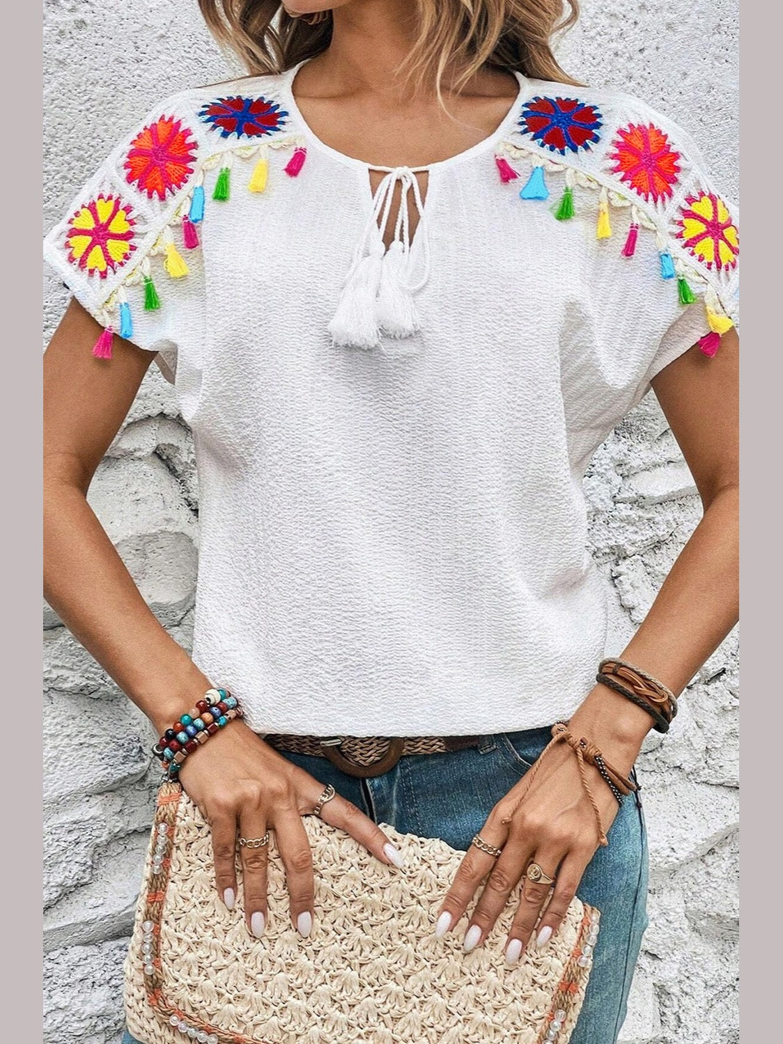 Women Tassel Tie Neck Short Sleeve White Blouse NicholesGifts