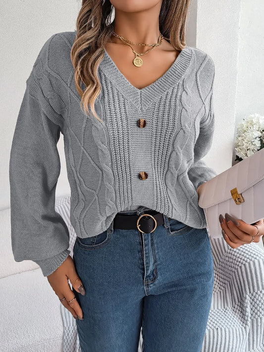Cable-Knit Buttoned V-Neck Sweater Trendsi