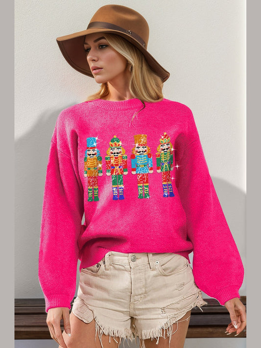 Double Take Full Size Sequin Nutcracker Long Sleeve Sweater NicholesGifts