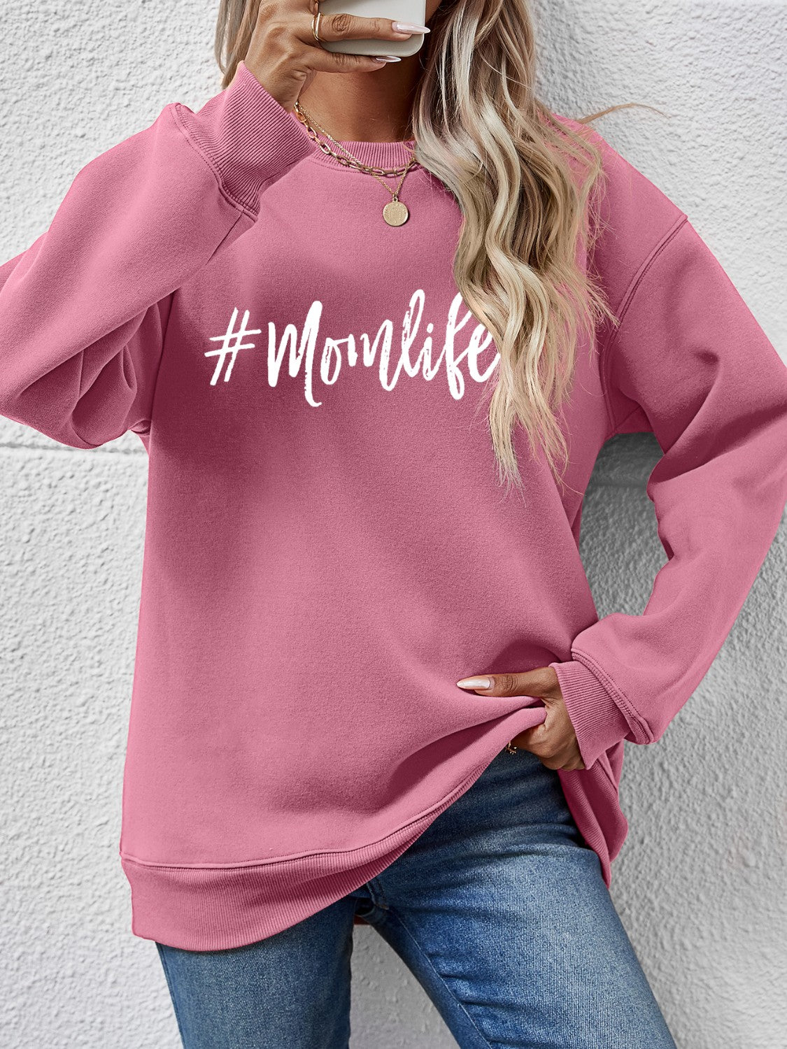 NicholesGifts Women Letter Graphic Mom Life Round Neck Sweatshirt NicholesGifts