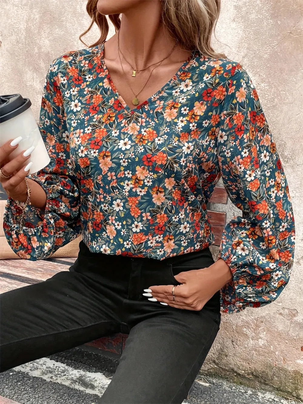 Printed V-Neck Balloon Sleeve Blouse nicholesgifts