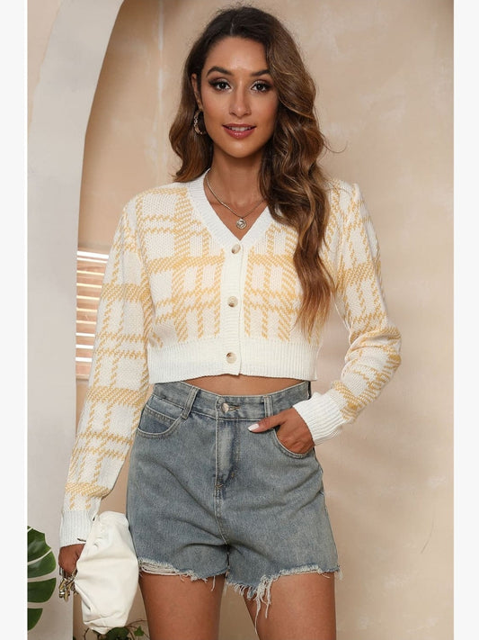 Women V-Neck Cropped Button-Up Cardigan