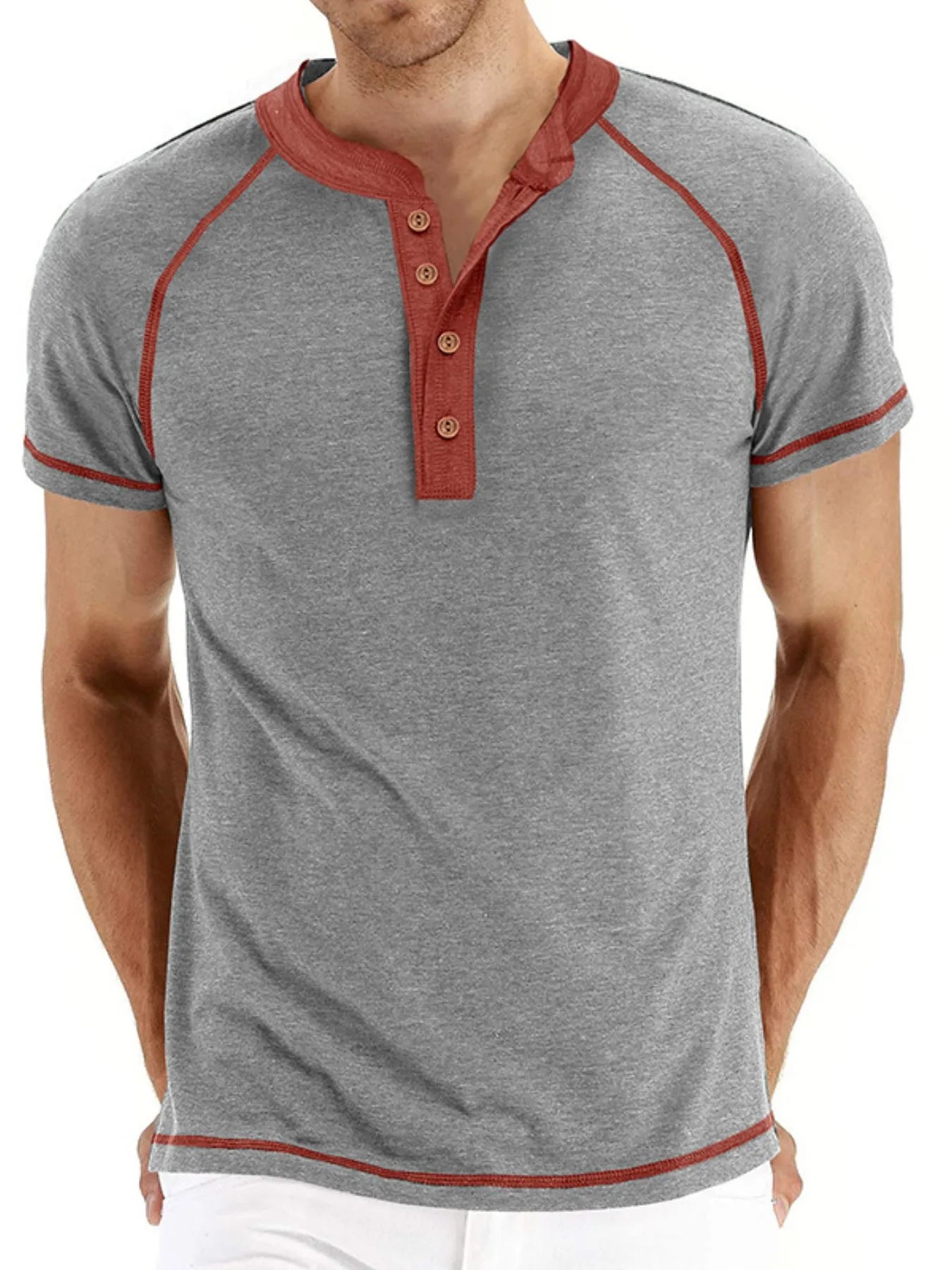 Men's Casual Henley Polo T-Shirt with Contrast Stitching
