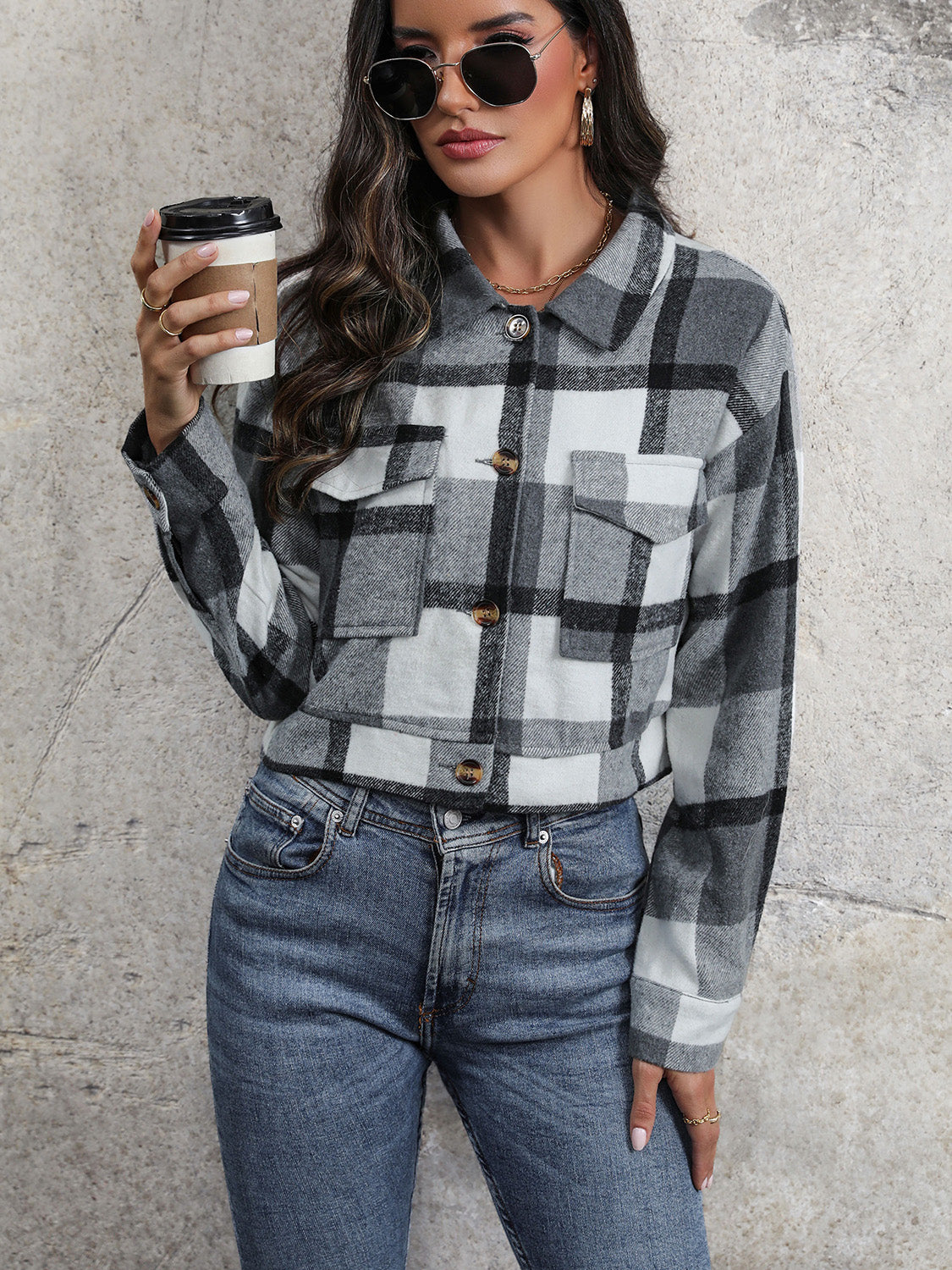 Perfee Plaid Button Up Drop Shoulder Cropped Jacket NicholesGifts