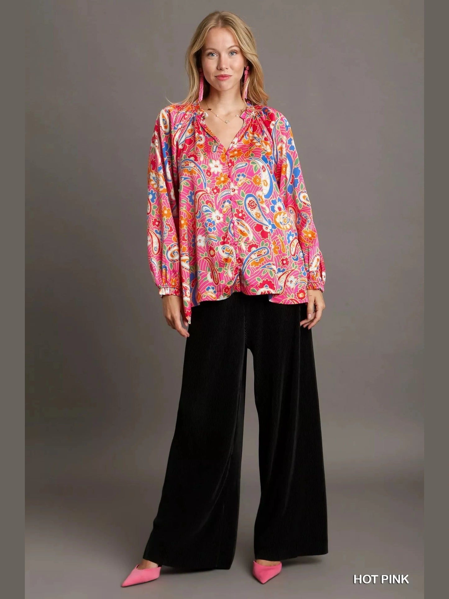 Umgee Full Size Satin Paisley Ruffle Neck Button-Up Shirt Plus Size NicholesGifts