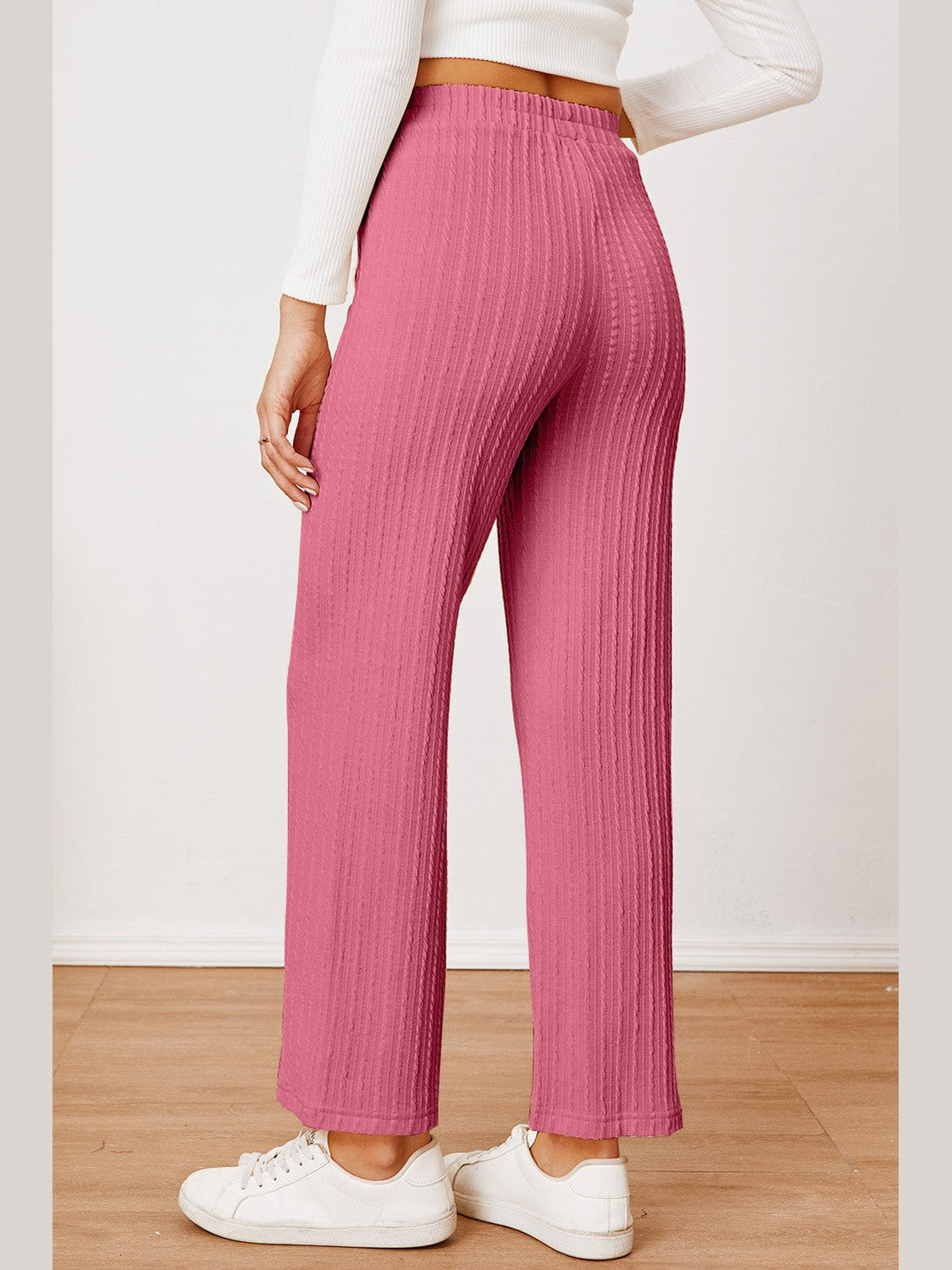 Women Textured Elastic Waist Straight Pants NicholesGifts