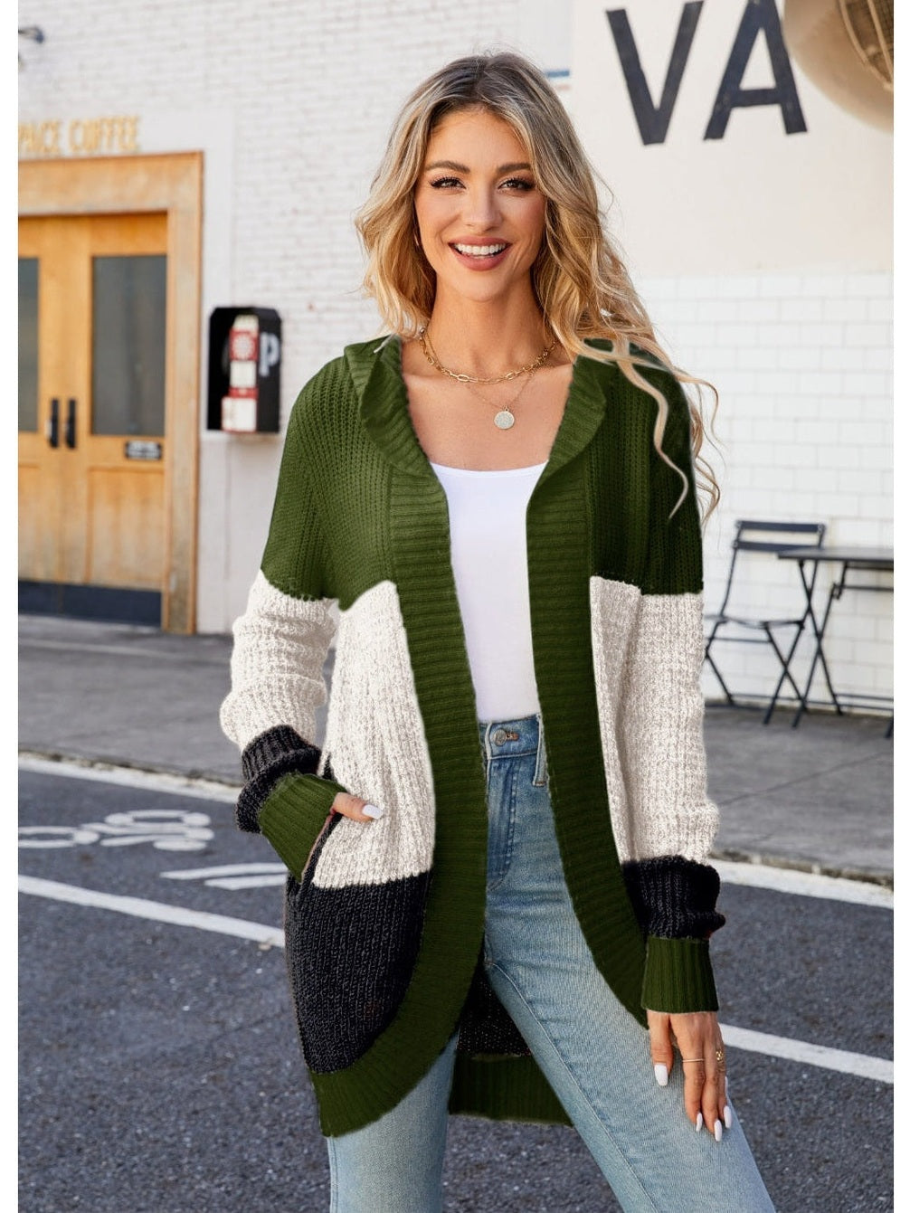 NicholesGifts Women Color Block Open Front Hooded Cardigan