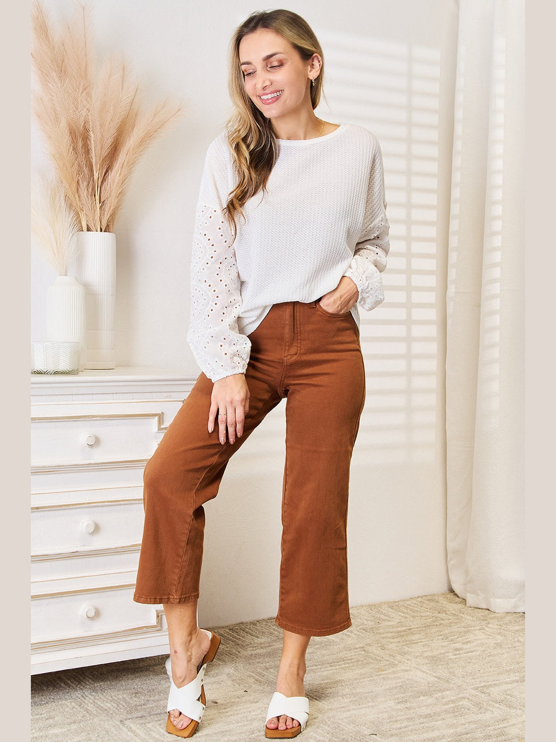 Double Take Eyelet Dropped Shoulder Round Neck Blouse