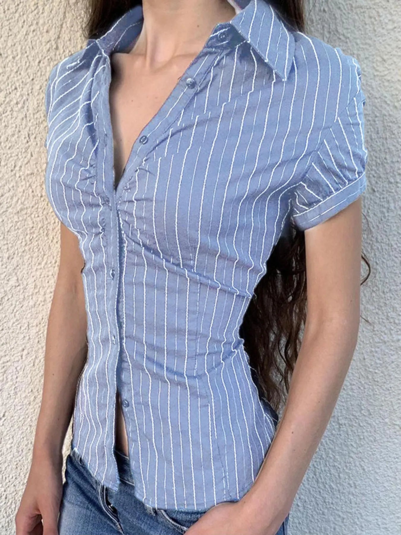 Striped Button-Down Collared Neck Shirt Trendsi
