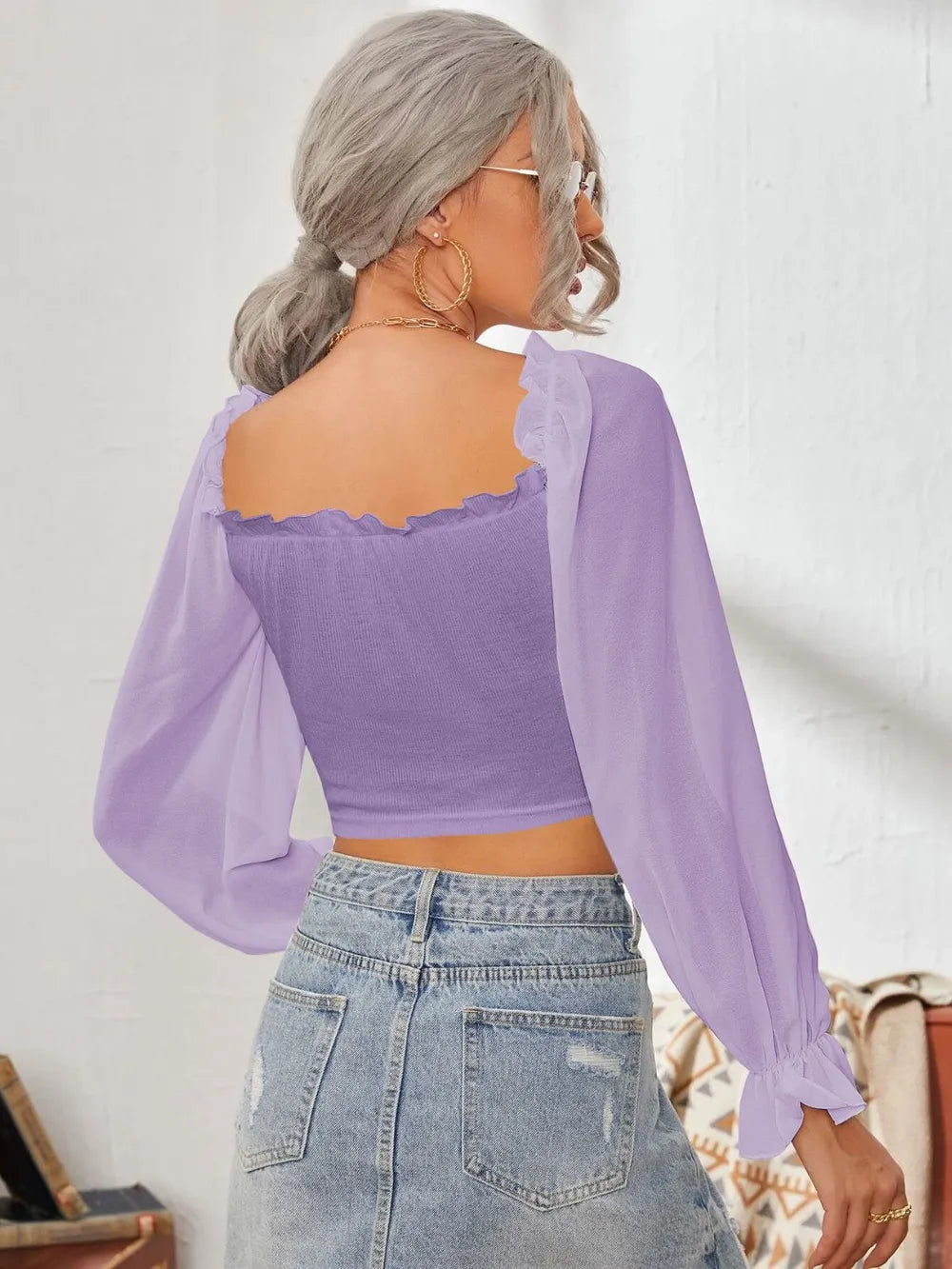 Mesh Sweetheart Neck Flounce Sleeve Top NicholesGifts