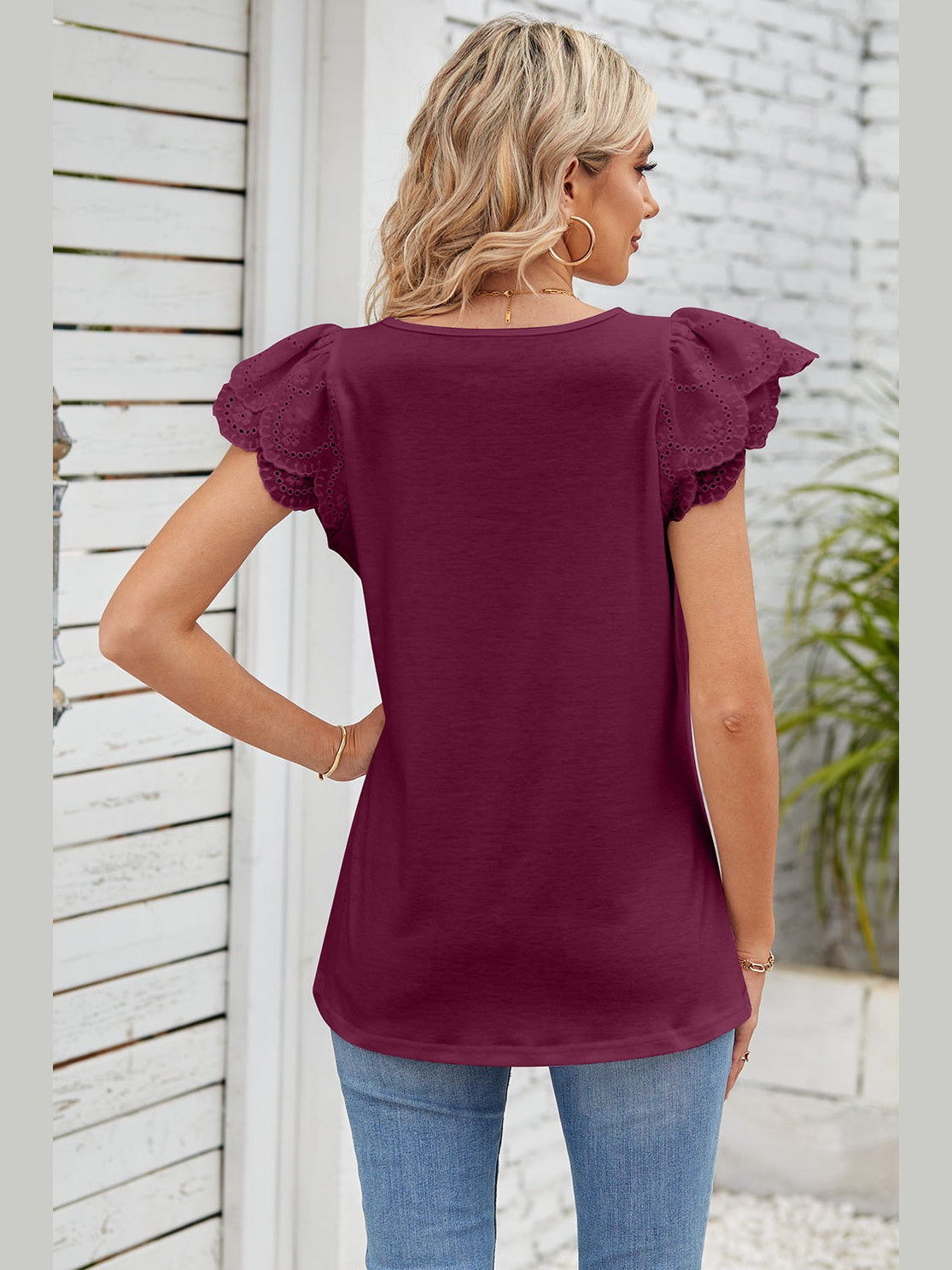 Women Eyelet Square Neck Cap Sleeve Blouse NicholesGifts