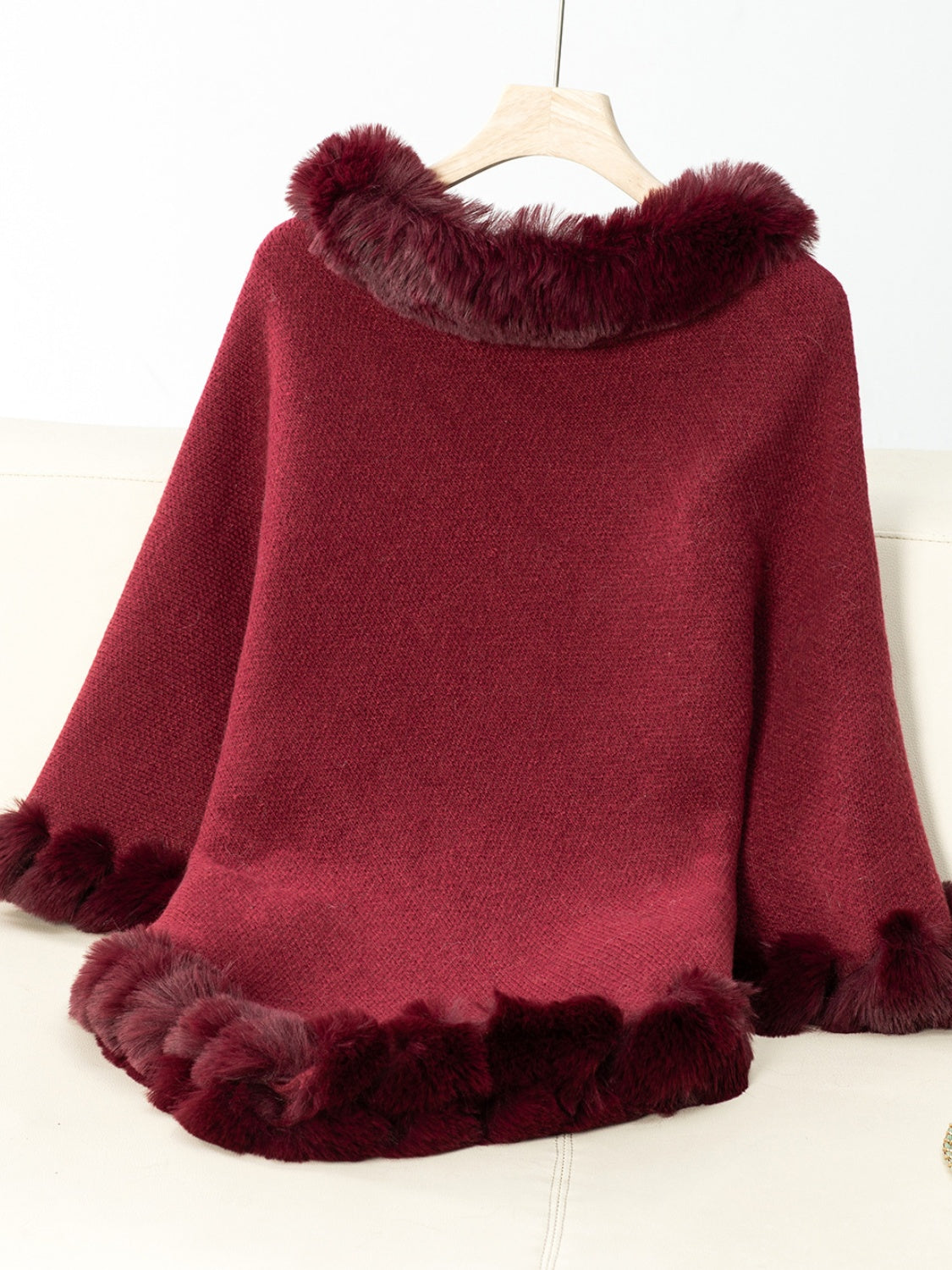 NicholesGifts Women Fuzzy Trim Texture Three-Quarter Sleeve Poncho NicholesGifts