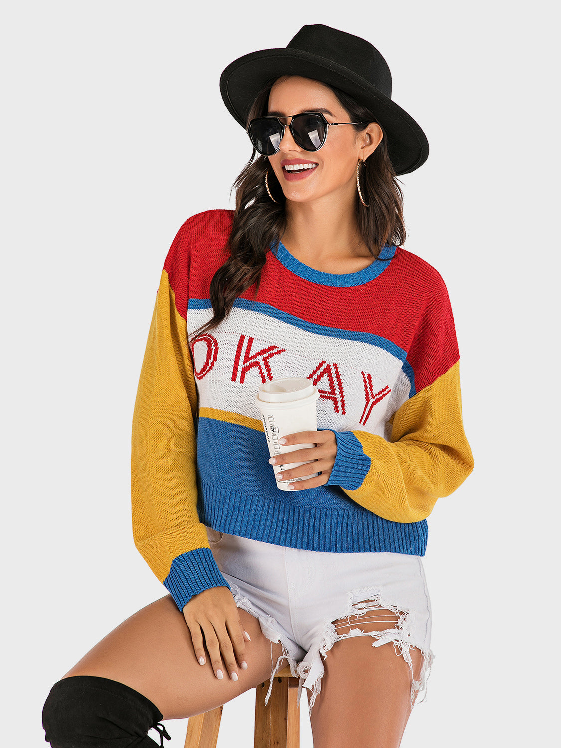 Perfee OKAY Contrast Dropped Shoulder Long Sleeve Sweater NicholesGifts